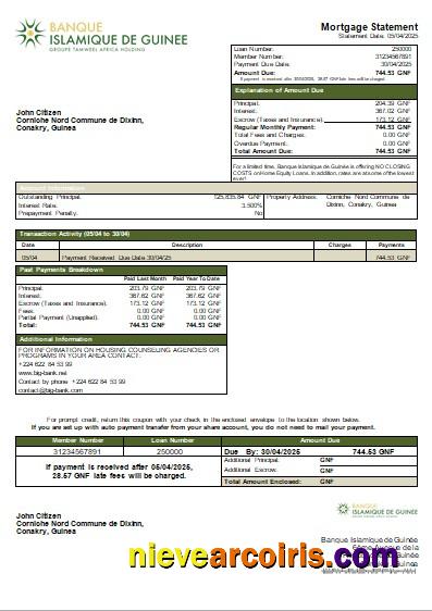 Guinea Banque Islamique de Guinée bank mortgage statement